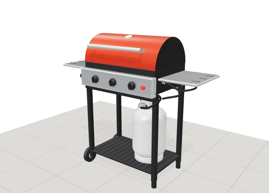 Parrilla a gas con la tapa abierta, en 3D