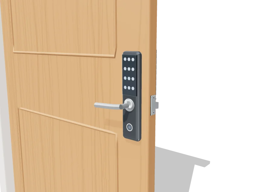 Cerradura digital instalada en la puerta, en 3D
